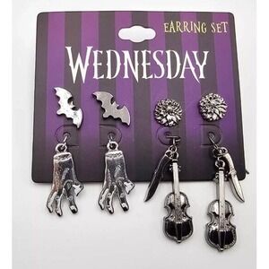 Wednesday Earring Set - Bat, Hand, Violin Dangle Stud Earrings - New